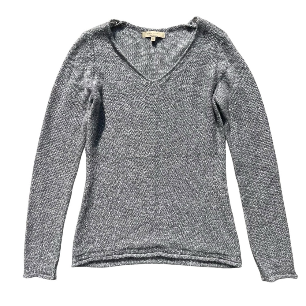 Silvia Novelli Women’s Med Gray Silver Sequins V-neck Mohair Blend Fuzzy Sweater